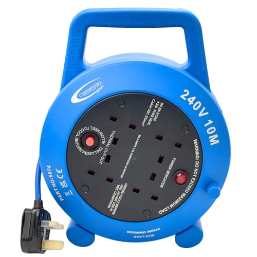 CONNEXION 10m Extension Lead Reel, 4 Way 13 Amp Sockets, 240V Extension Lead, Heavy Duty Cable, 240V Portable Cord Reel, 13 Amp Plug with Thermal Cutout for Overload Protection and Power Indicator