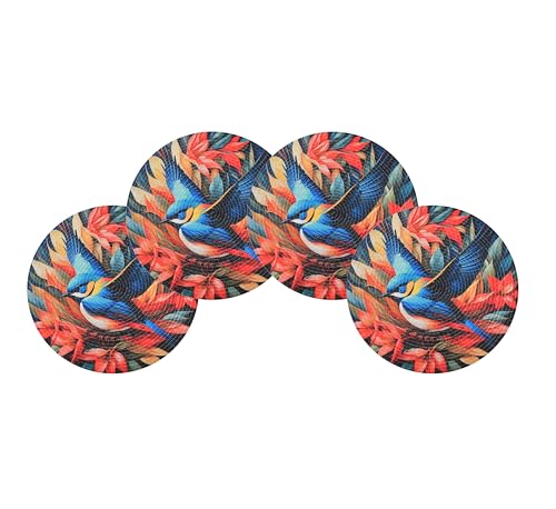 Image of LaVichitra Cotton Table Placemat | Dining Table Mat | Bed Side Table Mat | Cotton Round Shape Placemats | Washable PlaceMat for Shelves & Plant Pots - Pack of 4, Blue Bird