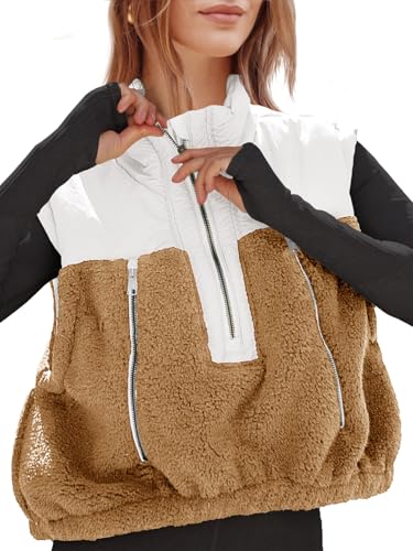 Tankaneo Womens Cropped Vests Outerwear Color Block Half Zipper Fleece Sherpa Sleeveless Winter Coats Jackets with Pockets