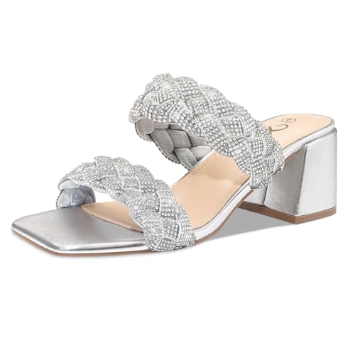 Athlefit Braided Heels for Women Square Toe Silver Heeled Sandals Size 10