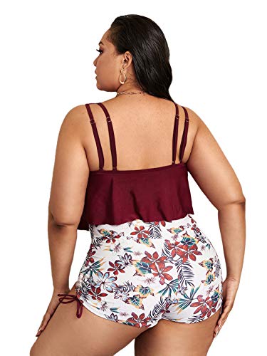 Makemechic Women's Plus Size Ruffle Hem Hanky Top And Drawstring Shorts Bikini Set Burgundy 3Xl #TOP1