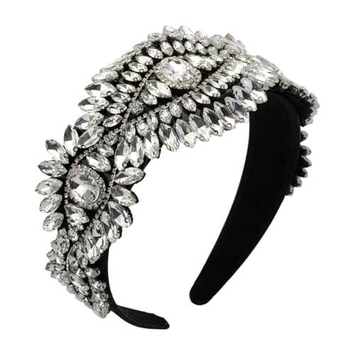 Florate Baroque Crystal Flower Headband for Women Big Wide Chunky Rhinestone Bead Hairband Hairwear Jeweled Head Accessories (H1088-white)