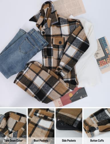 Himosyber Women's Casual Plaid Lapel Woolen Button Up Pocketed Long Shacket Coat(Brown-L) #TOP4