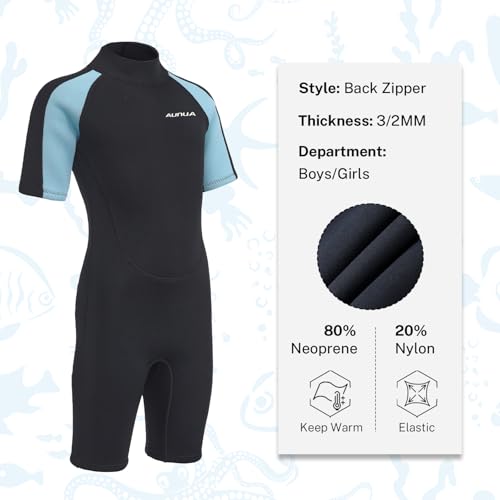 Aunua Kids Wetsuit for Youth Boys Girls, 3mm Shorty Wetsuit for Swimming, Surfing(7036 BlackBlue 12) - Thumbnail 2