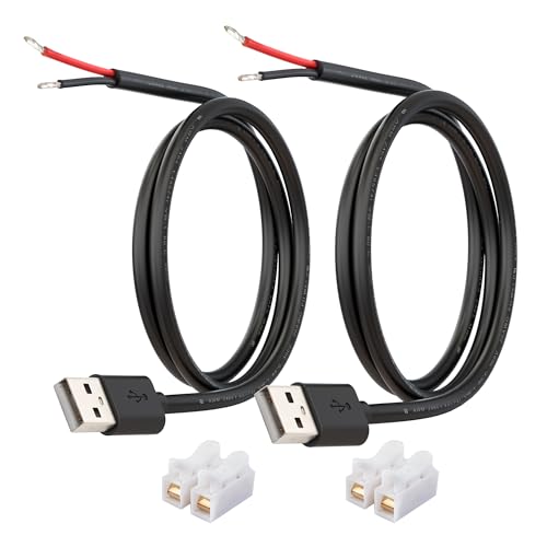 USB Power Cable to Bare Wire 20AWG 1M USB-A Male Plug Pigtail 5V 5A DIY Power Wire with Copper Quick Wire Connectors for LED Strip Arduino Electronics Projects 2-Pack