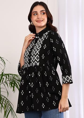 Image of Yash Gallery Women Cotton Regular Fit Geometric Print Hip Length 3 /4th Sleeve Collared Neck Short Kurti