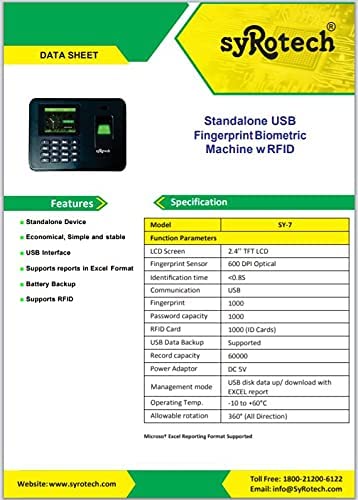Image of Syrotech Standalone Biometric Fingerprint Attendance Machine, TCP /IP USB Communication, Password and RFID Card Scanner (SY-7)