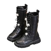 Girls Knee High Boots with Side Zipper, Children Patent Leather School Shoes Lace-Up Punk Gothic Riding Boots Kids Non-Slip Waterproof Winter Clothing Size UK 5-3.5