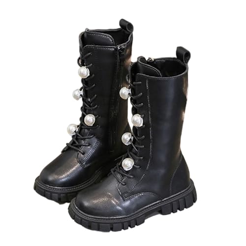 Little Girls Lace-Up Knee High Boots Winter Fashion Leather Mid Calf Combat Riding Boots Kid Girl Cute Holiday Party Long Boot Shoes