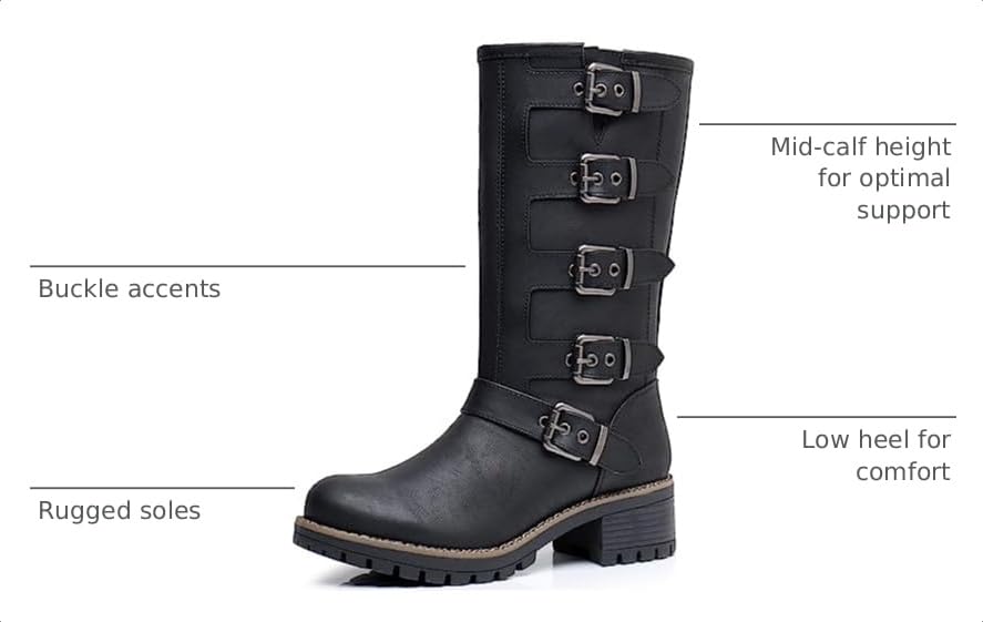 Image of GLOBALWIN Chunky Mid Calf Fashion Dressy Motocycle Biker Military Style Combat Boots for Women Low Heel