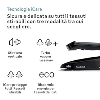 Braun CareStyle 5 IS5249BK, Sistema Stirante con Tecnologia FreeGlide 3D, 150 g/min di Vapore, Riscaldamento Veloce, Modalità iCare, Stiratura Verticale, Serbatoio 2L Rimovibile, 2400W, Nero