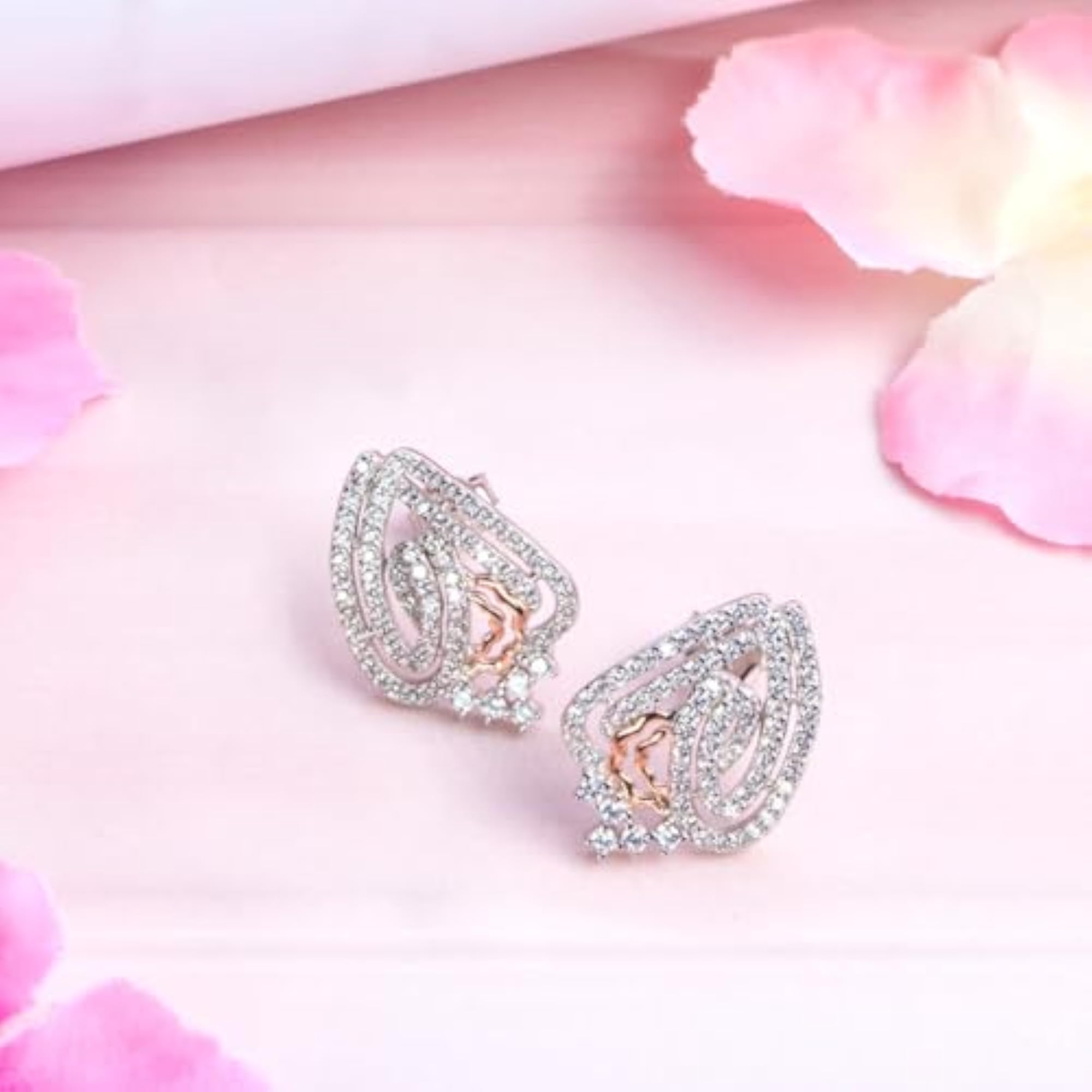 925 Silver Modern CZ Rhodium & Rose Plated Earrings Hallmark
