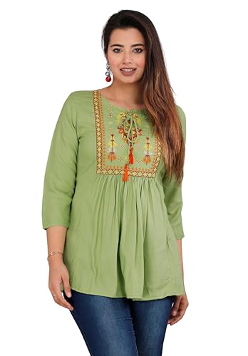 Image of Avayayat Women's Rayon Classic Heavy Embroidery Top with Beautifull Tassels at Front and on Both Sleeves Regular Fit Office Wear Festival Tunic Jeans Summer