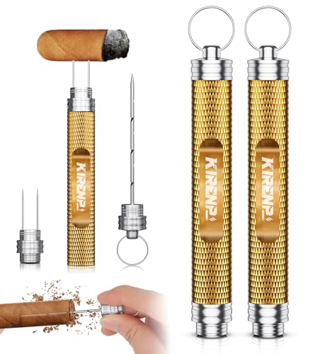 2-Pack Cigar Draw Enhancer Tool, Cigar Poker & Cigar Nubber 2-in-1, Practical Cigar Accessories with Key Ring for All Cigars (Gold & Gold)