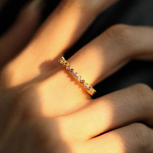 AMORAMOR & FOREVER Dainty Eternity Stackable Ring for Women – 14K Gold Plated Thin Rainbow Band with Colorful Cubic Zirconia, Cute CZ Wedding Ring2