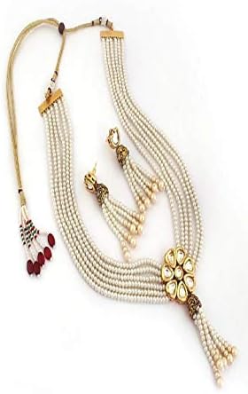Manbhar Gems Pearl and kundan Necklace Set with Earring for Girl and Women 5 Layer White Mala Fashion Jewellery
