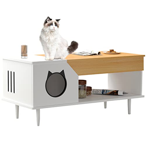 DlandHome Table Basse de Canapé avec Maison Niche pour Chat 114 x 54 x 52 cm Table de Café Meuble TV avec Tiroir & Étagère de Rangement pour Chats Salon, Marron Couleur Chêne/Blanc Cover