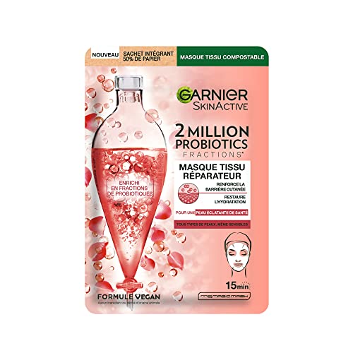 Garnier - GARNIER Skin Active - Masque Visage Tissu 2 Million Probiotics - Masque Réparateur - Éclat & Hydratation - Enrichi en Fractions de Probiotiques - Vegan & Cruelty Free - Tous Types de Peaux - x1