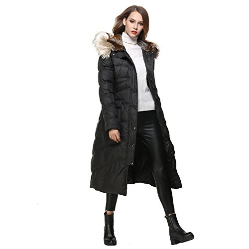 Bldo Women's Long Thickened Fur Hooded Down Jacket With Sashes (M, Black) #TOP5