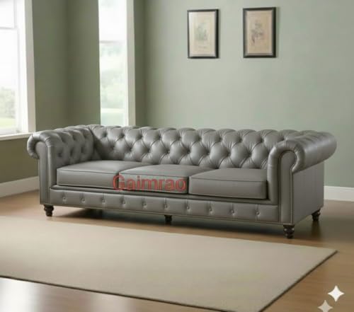 Image of Classic Leatherette Chester Sofa Set Button Tufted, Classic Style Sofa Set 3-Person Sofa for Living Room, Office, and Hallway Colour (Grey Leatherette, 3 Seater Sofa)