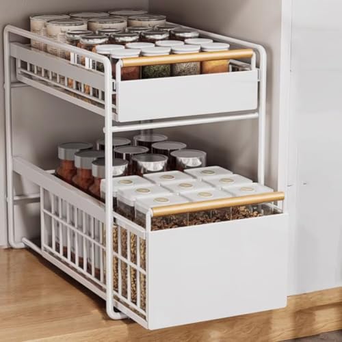 【2026新登場 & 組立不要！】シンク下 スライドラック シンク下収納 スライド引き出し収納ラック 2段 キッチン バス リビング対応 8ローラー 大容量 省スペース 隙間収納 高さ調整 カーボンスチール製 耐荷重 防錆 ホワイト/ブラック 大サイズ（40*28*37cm）