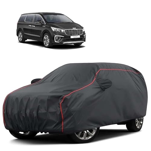 Image of Sulfar 100% Water Resistant Car Body Cover Compatible with Mirror for Kia Carnival (Triple Stitched, Full Bottom Elastic, Dark Grey Tafetta with Red Piping)
