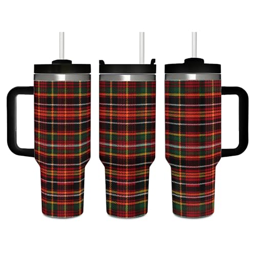 Mount Hour Christmas Tartan Plaid Red Green 40 OZ Stainless Steel Insulated Tumbler with Handle Lid Straw, Colorful Ice Bully Hot/Cold Coffee Cup for Women Men Birthday Presents (Print in USA)
