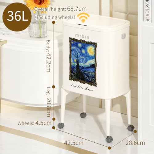 Image of MRBIN Metal Motion Sensor Kitchen Trash Can with Wheel Legs, 36L / 9.5gal Slim Waste Basket with Lid, Narrow Garbage Pail for Vanity, Living Room, Bathroom, Bedroom, Starry Night