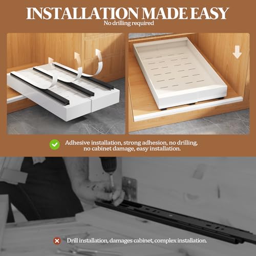 4 Pack Expandable Pull Out Cabinet Organizer 21" Deep With Raising Pad for Framed Cabinets,Upgrade 3 Slide Rails Slide Out Drawers,No Drill Roll Out Shelves,Adjustable Width 9"-14" White