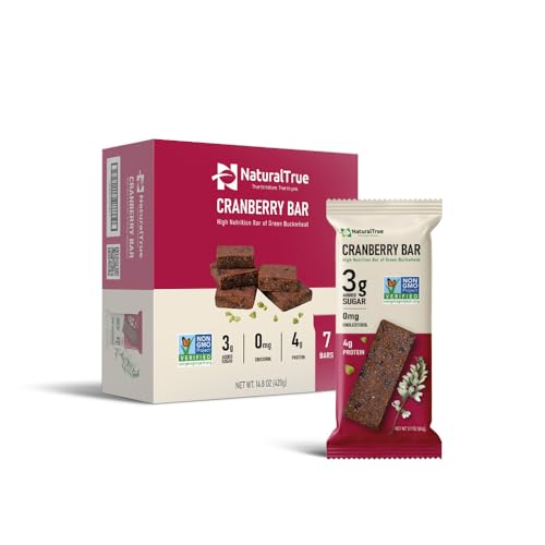 Natural True protein bars low sugar high protein Snack, gluten free, Vegan, Non-GMO, Kosher, Healthy bars, No Palm Oil, plant-based, Made in USA Green Buckwheat Cranberry Bar (7 Bars)