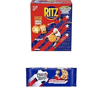 Bundle of RITZ Soccer Shapes Original Crackers, Party Snacks, Limited Edition + CHIPS AHOY! Crunchy Red, White, and Blue Candy Blasts Fudgy Chocolate Chip Cookies, Limited Edition, 9.5 oz