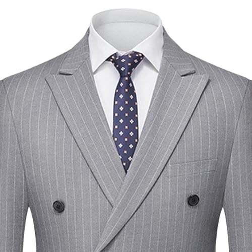 Mens Double Breasted Pinstripe 2 Piece Suit Slim Fit Elegant Prom Blazer and Pants Business Wedding Tuxedo Set2