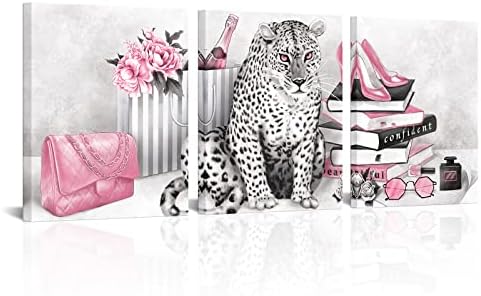 Visual Art Decor Pink Wall Decor Glam Fashion Room Decor Leopard Cheetah Decor Painting Bedroom Wall Decor for Women Framed Canvas Prints Ready to Hang 16inx20inx3Pieces