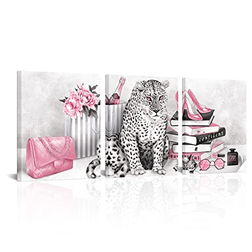 Visual Art Decor Pink Wall Decor Glam Fashion Room Decor Leopard Cheetah Decor Painting Bedroom Wall Decor For Women Framed Canvas Prints Ready To Hang 16Inx20Inx3Pieces #TOP3