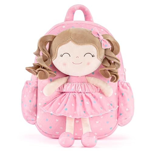 Image of Gloveleya Toddler Backpacks Baby Girl Gifts Curly Hair Plush Figures Dress Backpack - Pink Loving Heart 11''