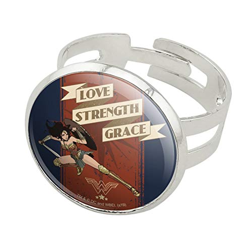 Wonder Woman Movie Love, Strength, Grace Silver Plated Adjustable Novelty Ring