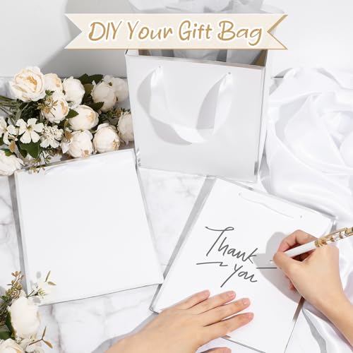 Image of Yeaqee 24 Pack Metallic Paper Gift Bag with Tissue, White, Silver | with Satin Ribbon Handle and Tissue, 9x7x3.1 Inch, Suit Business, Birthday, Christmas, Thank You Return Gifts Bags