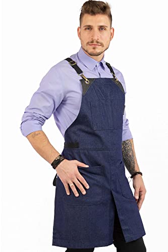 Under NY Sky Cross-Back Space Blue Apron – Durable Denim with Leather Reinforcement and Split-Leg – Adjustable for Men and Women – Pro Chef, Tattoo, Baker, Barista, Bartender, Stylist, Server Aprons
