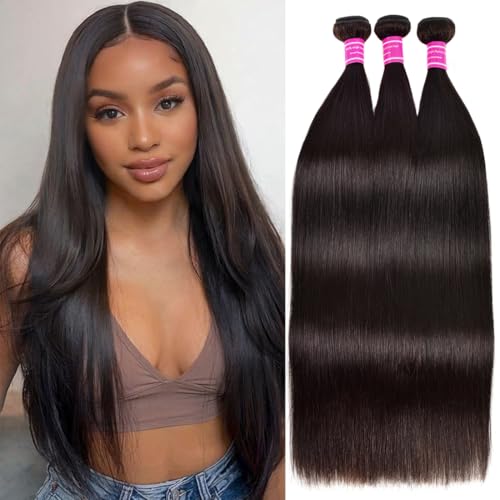 Human Hair Bundles Straight Bundles 26 28 30 Inch Straight Human Hair Weave 3 Bundles Silky Hair Bundles 12A 100% Unprocessed Brazilian Virgin Human Hair Bundles Deals Natural Black Bundles