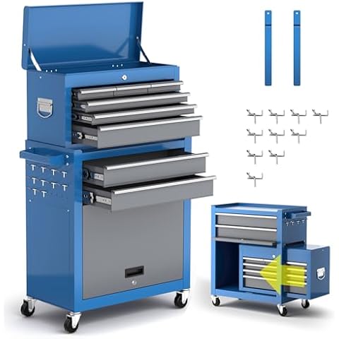 AIRAJ PRO 8-Drawer Rolling Tool Chest with Wheels,Removable Tool Box Organizer,Detachable Top Box & Locking System,High Capacity Tool Storage Cabinet for Workshop Mechanics Garage (Blue) Cover