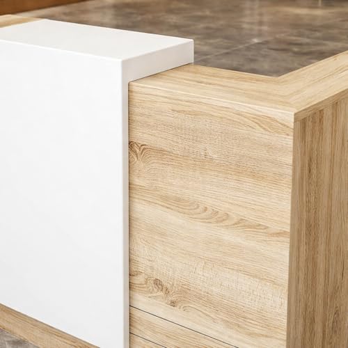 Image of Modern Reception Desk for Office, Hotel, Salon, Clinic, Spa Lobby | Wooden Front Reception Counter Table with White Panels for Workspace & Welcome Area - (RCT-022 LPB L6W2)