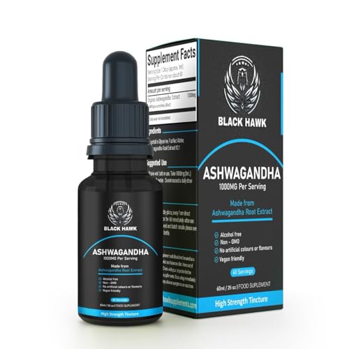 Ashwagandha Liquid 1000mg - 60 Vegan Servings Ashwagandha High Strength Supplement Root Powder Extract - 2 Months Supply - Nootropic - Made in The UK by BLACK HAWK