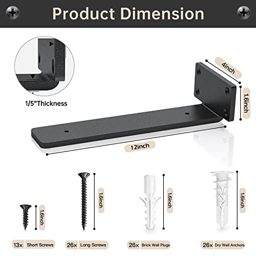 Heavy Duty Shelf Brackets 12 Inch (1/5") Thick Metal Black, Floating Hidden Shelf Bracket, Wall Mounted L Shelf Bracket，Rustic Industrial Shelf Brackets With Modern Iron Finish (12Inch - 6Pack) #TOP1