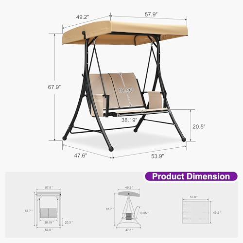 Image of PURPLE LEAF Porch Swing with Adjustable Tilt Canopy 2-Seat Patio Swing with Stand and Metal Steel Frame All-Weather Outdoor Swing Chair Seat Space-Saving for Backyard Garden Deck (Cream)