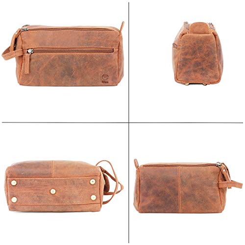 Rustic Town Full Grain Leather Toiletry Bag for Men & Women - Portable Travel Waterproof Dopp Kit (Brown)