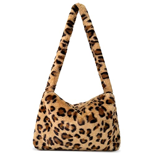 Fuzzy Tote Bag Y2K Fluffy Shoulder Bag Women Furry Purse Large Cute Plush Bag Ladies Faux Fur Bag for Autumn and Winter (Leopard)