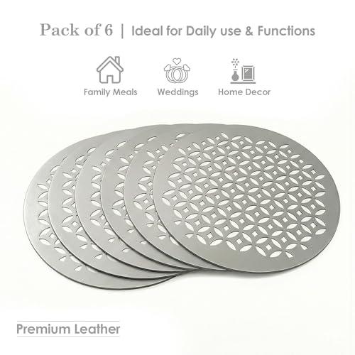 Image of Kuber Industries Leather Round Table Mats Set of 6 | Reusable and Washable Dining Table Mat for Party, Wedding and Family Functions | Silver