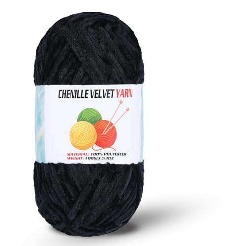 Image of Velvet Chenille Chunky Yarn, Handcrafts Weaving Soft Chenille Yarn for Crocheting Clearance, Used for Making Baby Yarn Blanket, Clothes, Knitting Creations (1 - Black)