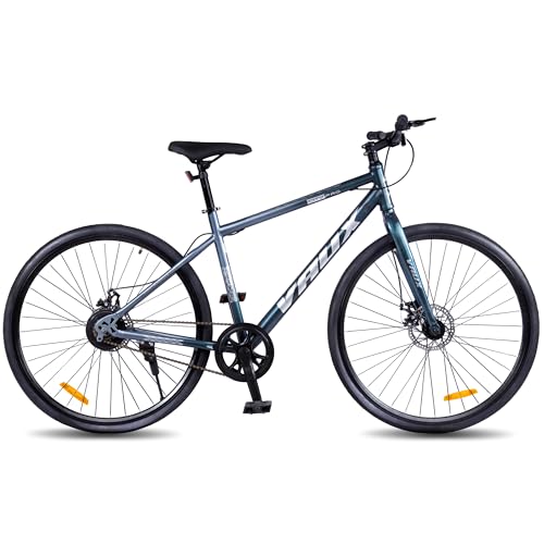 Image of Vaux City-Pro 700C Hybrid Cycle for Men, 19 Inch Hi-Ten Steel Frame, Dual Disc Brake, 700x35C Tyres, Double Wall Alloy Rims, City Bike(Grey-Blue, Single Speed, Rigid Fork)