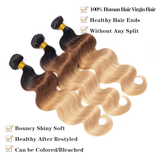 Image of 16A Ombre Body Wave Bundles Human Hair (T1B /30 /27,22 inch 22 inch 22 inch) 100% Real Human Hair 3X Longer Lifespan 100% Unprocessed Brazilian Virgin Hair Ombre Brown Body Wave Human Hair Weave Bundles
